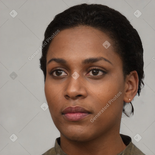 Neutral black young-adult female with short  black hair and brown eyes