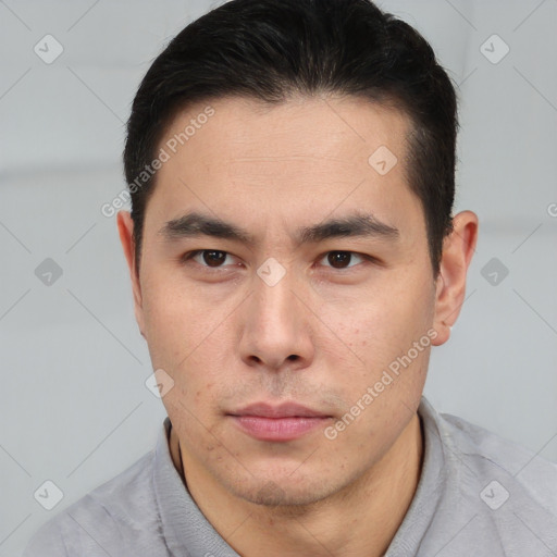 Neutral asian young-adult male with short  brown hair and brown eyes