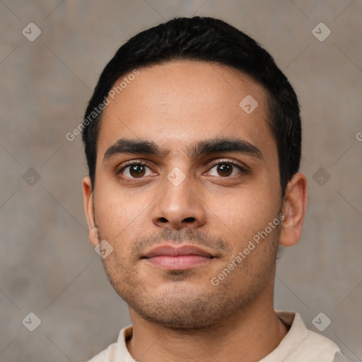 Neutral latino young-adult male with short  black hair and brown eyes