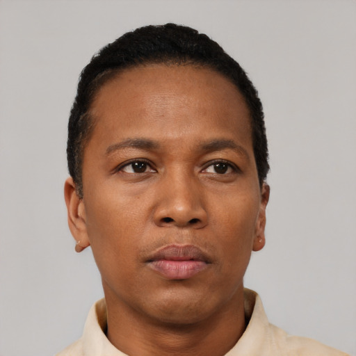 Neutral black young-adult female with short  black hair and brown eyes