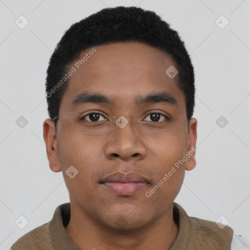 Neutral latino young-adult male with short  black hair and brown eyes