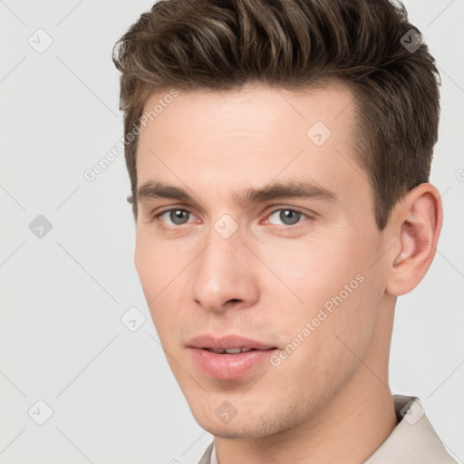 Neutral white young-adult male with short  brown hair and brown eyes