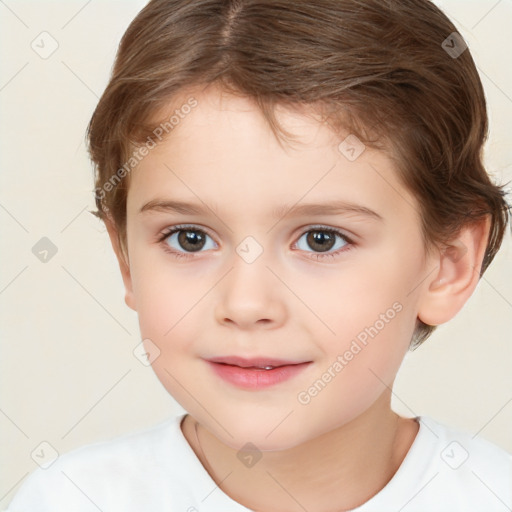 Joyful white child female with short  brown hair and brown eyes