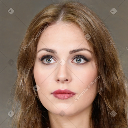 Neutral white young-adult female with long  brown hair and brown eyes