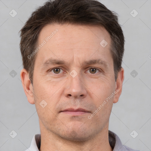 Neutral white adult male with short  brown hair and brown eyes