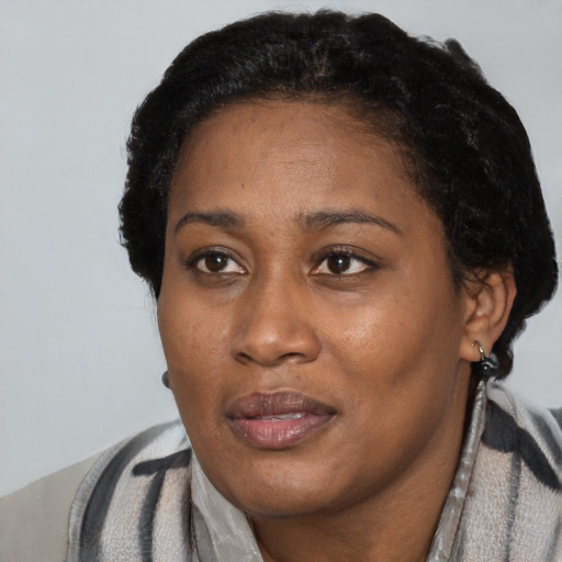 Neutral black adult female with short  black hair and brown eyes