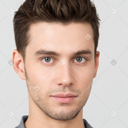 Neutral white young-adult male with short  brown hair and brown eyes