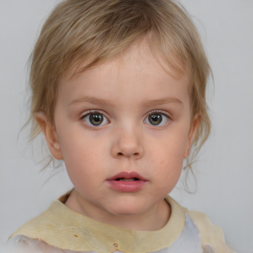 Neutral white child female with medium  brown hair and blue eyes