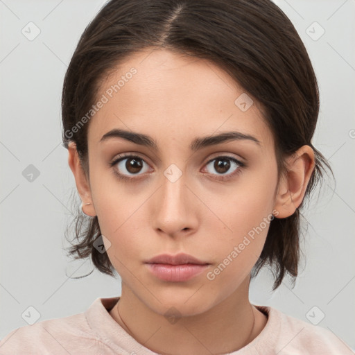 Neutral white young-adult female with medium  brown hair and brown eyes