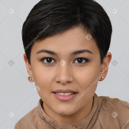 Joyful asian young-adult female with short  brown hair and brown eyes