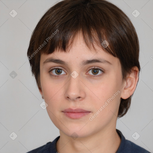 Neutral white young-adult female with medium  brown hair and brown eyes