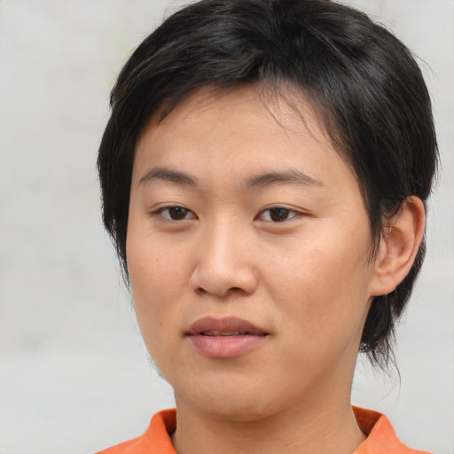 Neutral asian young-adult female with medium  brown hair and brown eyes