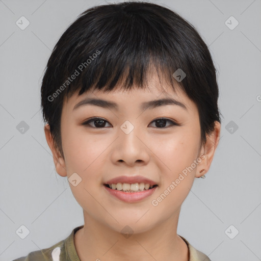 Joyful asian young-adult female with short  brown hair and brown eyes