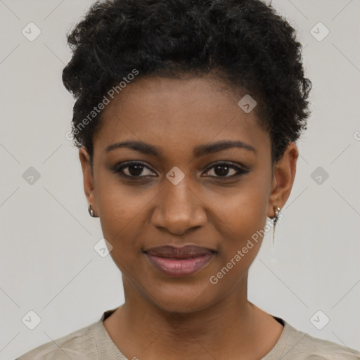 Joyful black young-adult female with short  black hair and brown eyes