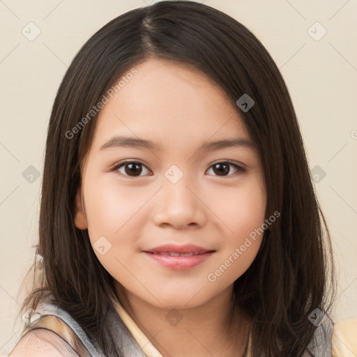 Joyful white child female with medium  brown hair and brown eyes