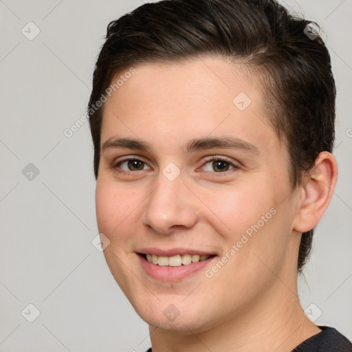 Joyful white young-adult female with short  brown hair and brown eyes