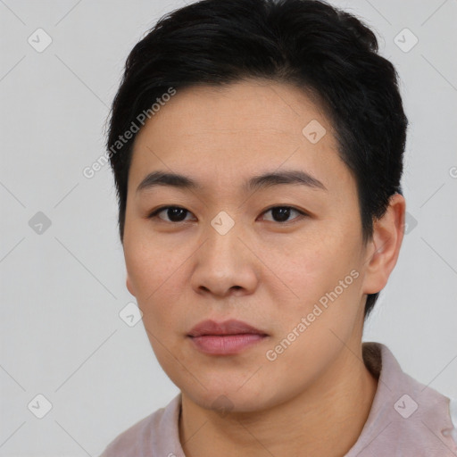 Neutral asian young-adult male with short  black hair and brown eyes