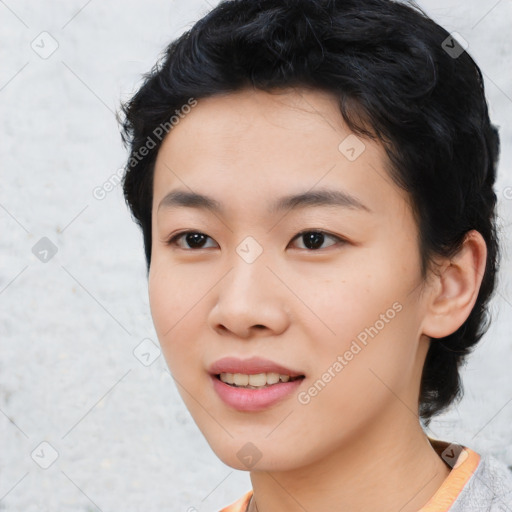 Joyful asian young-adult female with short  black hair and brown eyes