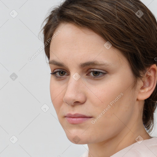 Neutral white young-adult female with medium  brown hair and brown eyes