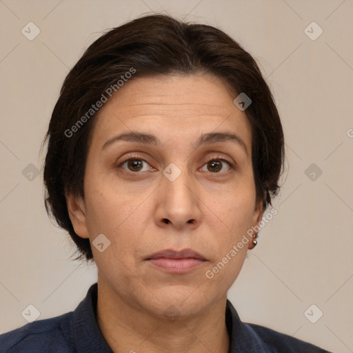 Neutral white adult female with medium  brown hair and brown eyes