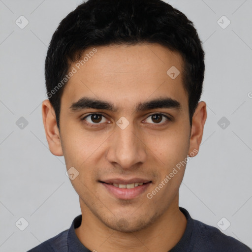 Joyful latino young-adult male with short  black hair and brown eyes