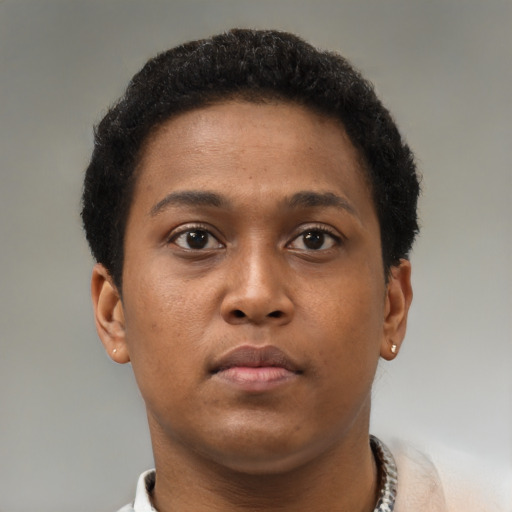 Neutral black young-adult female with short  brown hair and brown eyes