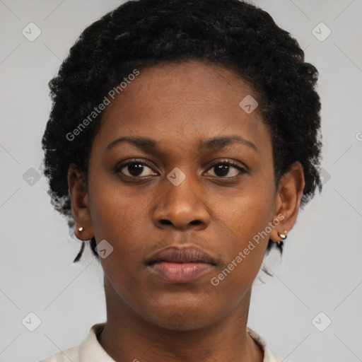 Neutral black young-adult female with short  black hair and brown eyes