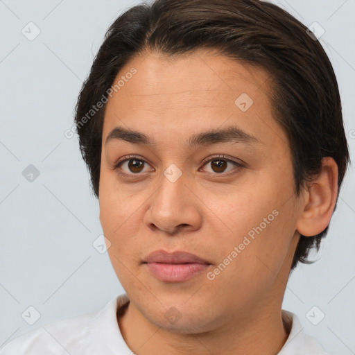 Joyful white young-adult female with short  brown hair and brown eyes