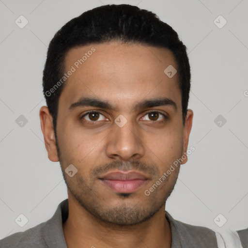 Neutral latino young-adult male with short  black hair and brown eyes