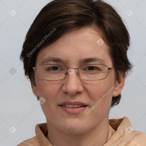 Joyful white adult female with short  brown hair and brown eyes