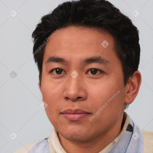 Neutral asian young-adult male with short  brown hair and brown eyes