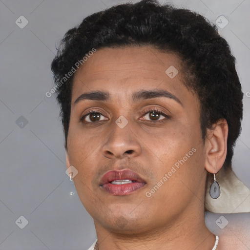 Neutral black young-adult female with short  black hair and brown eyes