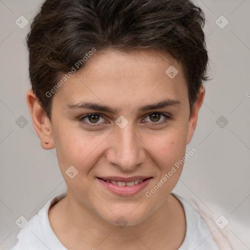 Joyful white young-adult female with short  brown hair and brown eyes