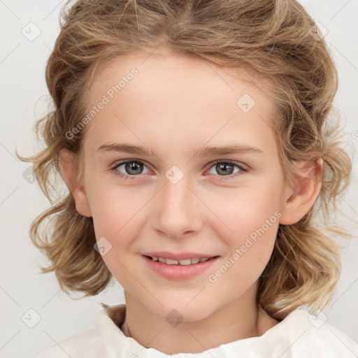 Joyful white child female with medium  brown hair and brown eyes