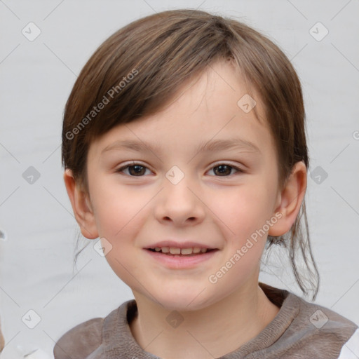 Joyful white child female with short  brown hair and brown eyes