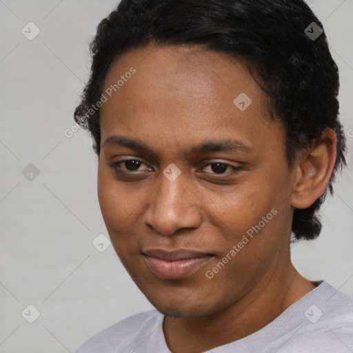 Joyful black young-adult male with short  brown hair and brown eyes