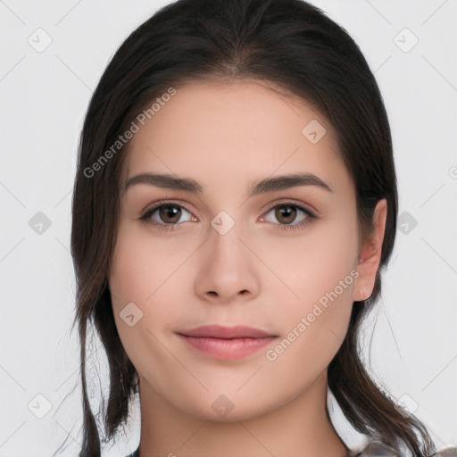 Neutral white young-adult female with medium  brown hair and brown eyes