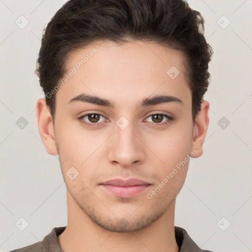 Neutral white young-adult male with short  brown hair and brown eyes