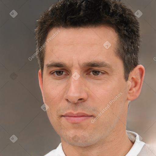 Neutral white adult male with short  brown hair and brown eyes