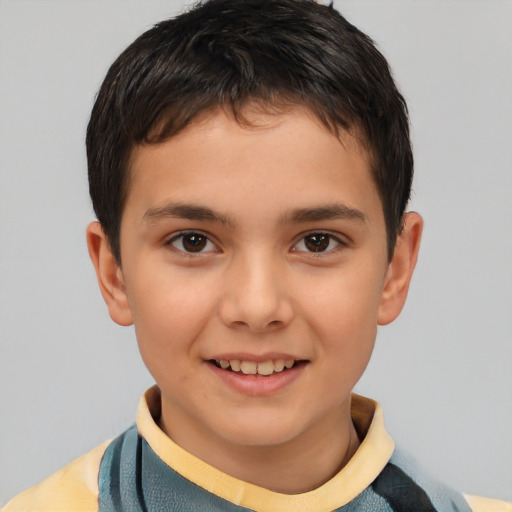 Joyful white child male with short  brown hair and brown eyes