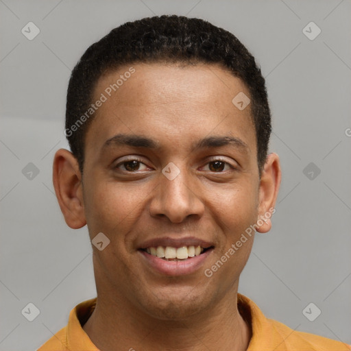 Joyful latino young-adult male with short  brown hair and brown eyes