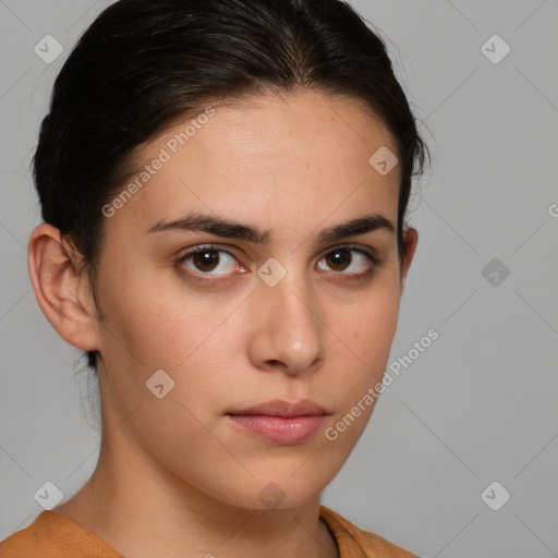 Neutral white young-adult female with medium  brown hair and brown eyes