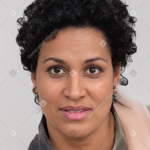 Joyful latino young-adult female with short  brown hair and brown eyes