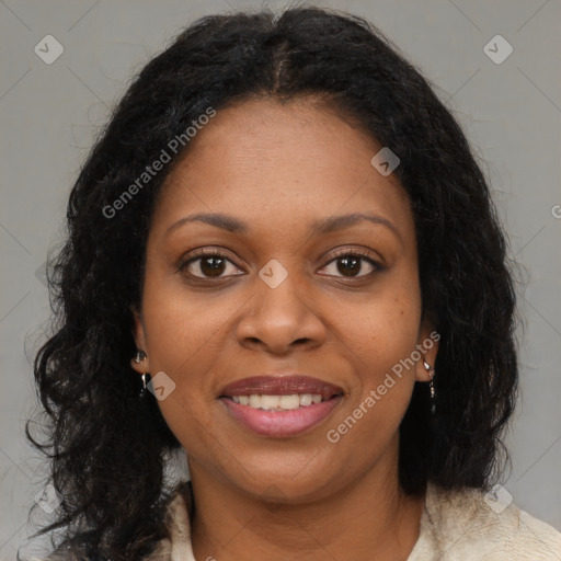 Joyful black young-adult female with medium  brown hair and brown eyes