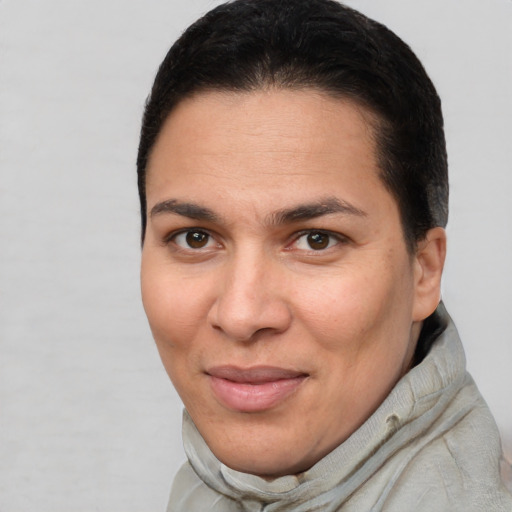 Joyful white adult female with short  brown hair and brown eyes