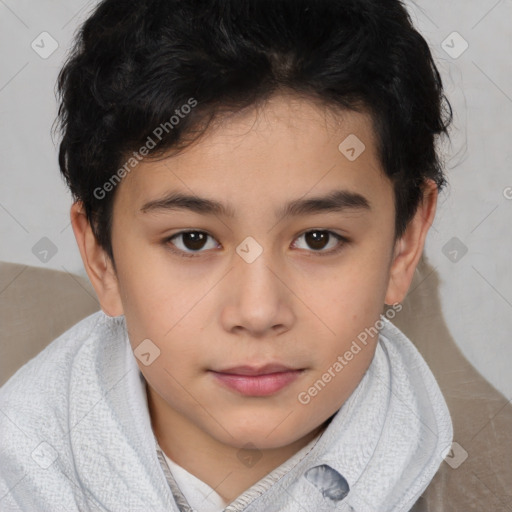 Joyful white child female with short  brown hair and brown eyes