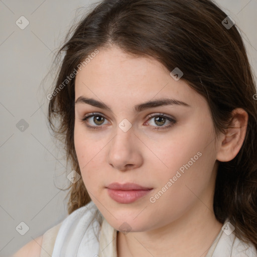 Neutral white young-adult female with medium  brown hair and brown eyes