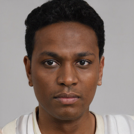 Neutral black young-adult male with short  black hair and brown eyes