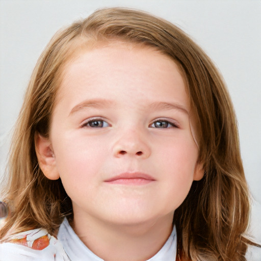 Neutral white child female with medium  brown hair and blue eyes