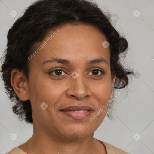 Joyful latino adult female with medium  brown hair and brown eyes